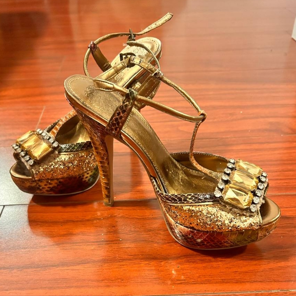 Vince Camuto Golden Brown Crystal Platform Pumps